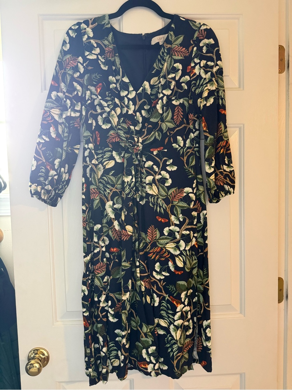 LOFT navy Floral Wrap Midi Dress with Green and Cream Leaves